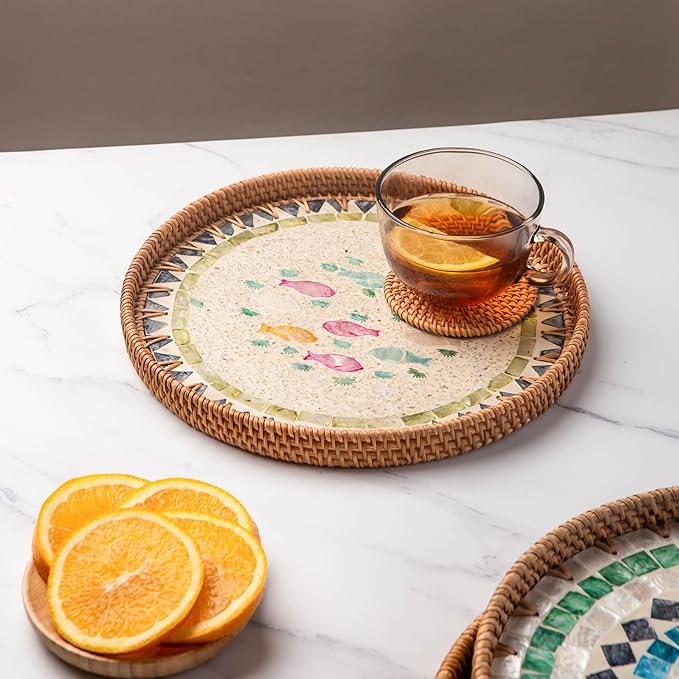 11.81" Decorative Round Mother Pearl Inlay Tray Rattan Wooden Base for Fruit Serving, Coffee Table Tray, Storage and Display Organizer (Fish 13.8)
