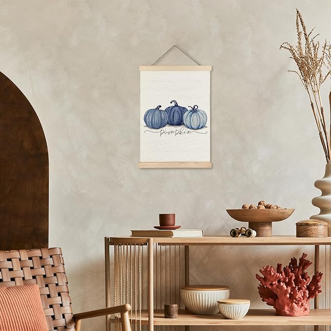 Supwhd Watercolor Fall Blue Pumpkin Wall Art with Wooden Poster Hanger, Fall Wall Decor, Fall Posters, Farmhouse Fall Pumpkin Autumn Harvest Thanksgiving Wall Art Decor, Fall Home Decor, 12x16
