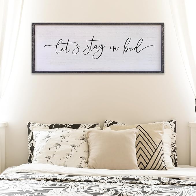 Surfapans Lets Stay In Bed Wall Decor 40”X15” Large Farmhouse Master Room Above Bed Soild Wood Framed Rustic Guest Room Sign Beautiful And Simple Plaque Over Bed Hanging Wall Art Decoration (Black)