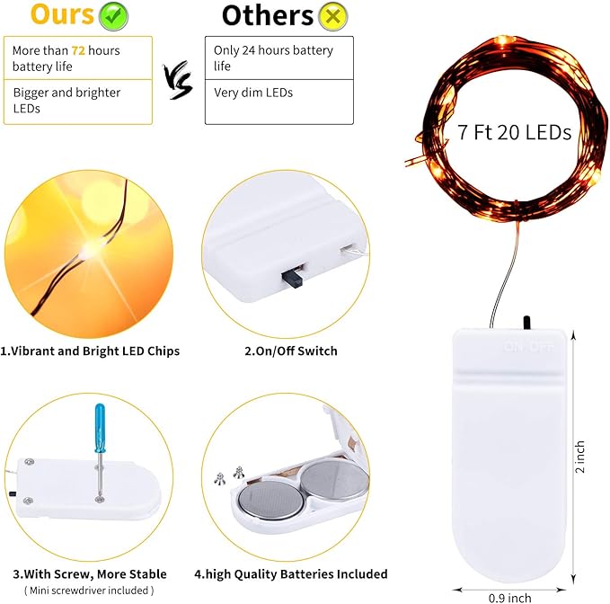 Halloween Orange Fairy String Lights: 12 Pack 7 Ft 20 LED Battery Operated Firefly Lights on Black Wire Starry Moon Lights for DIY Party Bedroom Patio