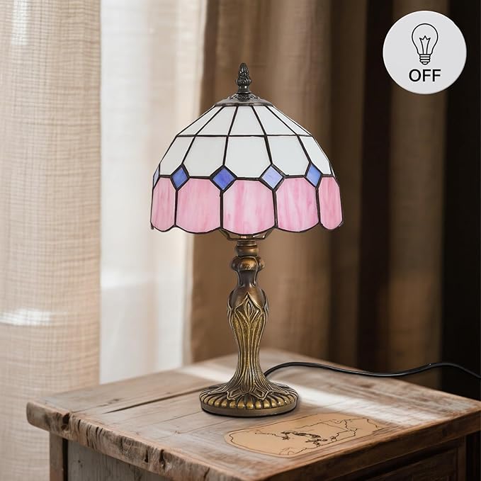 Tiffany-Style 8 Inch Table Lamp Mediterranean Series Stained Glass Lampshades Small Bedside Lamp Reading Antique Desk Light Livingroom Bedroom Office Vintage Art Deco Victorian(Color:Pink)