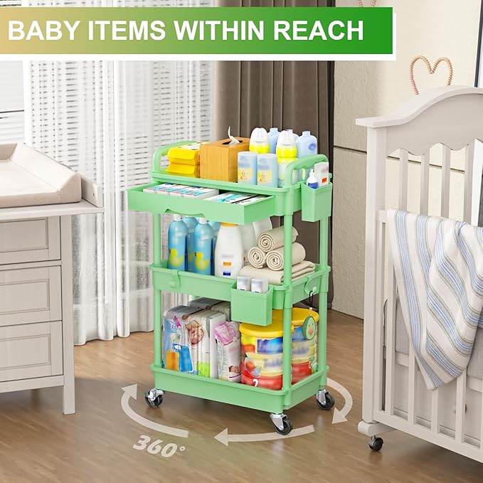 Goovilla 3 Tier Rolling Utility Cart Organizer with Removable Drawer, Stable and Sturdy Green Rolling Storage Carts with 2 Lockable Wheels for Bathroom, Kitchen, Snack, Craft, Makeup, Baby Essentials