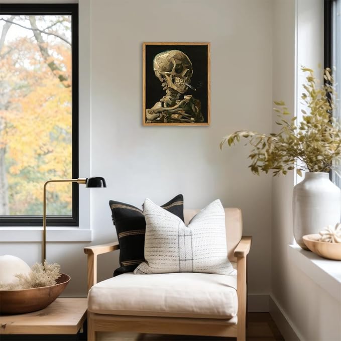 KBKBART Framed Canvas Wall Art Skull of a Skeleton with Burning Cigarette Van Gogh Art Print, Dark Academia Wall Decor Gothic Wall Art for Halloween, Living Room, Bedroom, Office, Bathroom, Gothic
