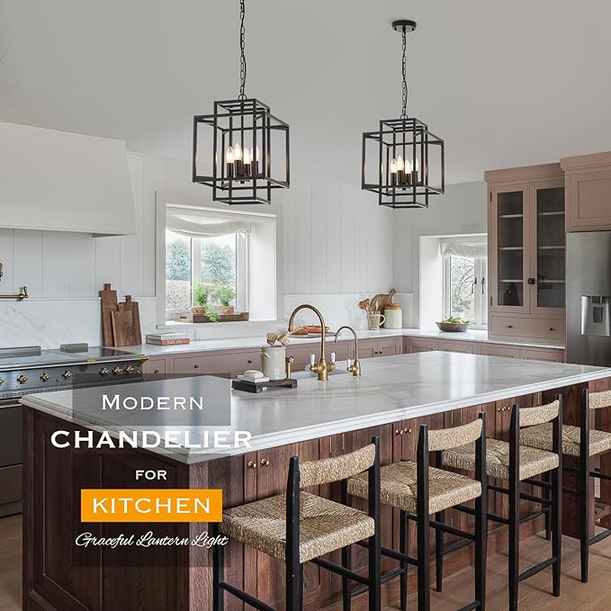 4-Light Black Chandelier,Semi Flush Light Fixture for Farmhouse with Metal Cage,E12 Bulb Socket and Adjustable Height for Dining Room,Kitchen Island,Living Room,Staircase, Entryway and indoor