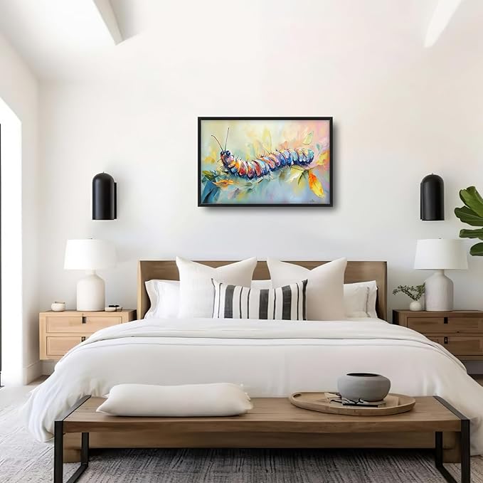 Extra Large Framed Abstract Caterpillar Wall Art,Colorful Cute Caterpillar Leaves Wall Decor Pictures for Living Room,Canvas Print Painting Modern Artwork Bedroom Office Bathroom 36L x24W