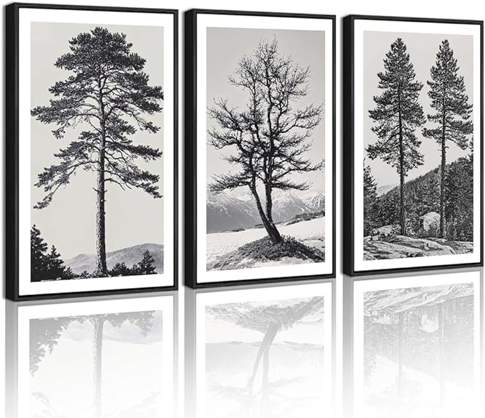 KUVIOKE Vintage Black Gray Forest Wall Art Framed Antique Retro Tree Prints Modern Rustic Artwork Bedroom Living Room Ready to Hang 11x14in (Black Framed)