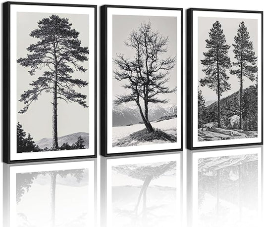 KUVIOKE Vintage Black Gray Forest Wall Art Framed Antique Retro Tree Prints Modern Rustic Artwork Bedroom Living Room Ready to Hang 12x16in (Black Framed)