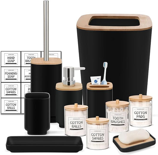 IMAVO Bathroom Accessories Set,Black Bathroom Set,11 Pieces Bathroom Accessory Set,Trash Can for Bathroom Accessories Décor and Housewarming Gifts