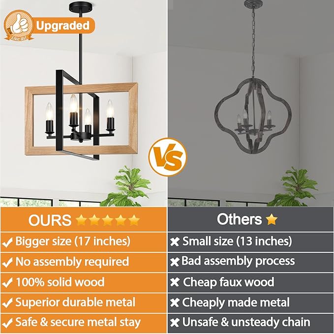 17" Farmhouse Natural Wood Chandelier, (4-Light, 17-Inch), Rustic Dining Room Light Fixtures Over Table, Adjustable Hanging Light Fixture for Kitchen, Living Room, Foyer, Entryway