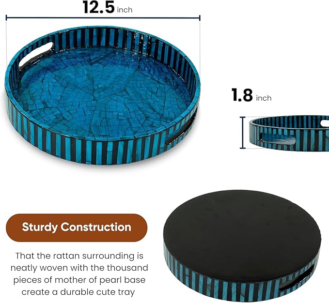 CLAYNIX Serving Tray 12.5 Inch, Lacquer Mother of Pearl Inlay Mosaic Tray, Round Wooden Marble Tray with Handles Trays for Tea, Breakfast (Dark Blue)