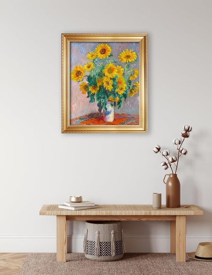 DECORARTS - Claude Monet Sunflowers Giclee Print with Gold Solid Wood Frame, Impressionist Large Framed Wall Art, Ready to Hang, Framed Size 24.75x28.75, Made in USA