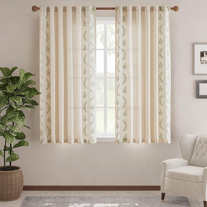 jinchan Belrose Linen Curtains for Bedroom Floral Curtains 63 Inch Length Linen Blend Sage Green Embroidered Drapes Farmhouse Flower Patterned Drapes for Living Room Window Treatments Set 2 Panels