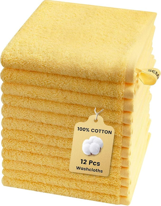 SEMAXE 100% Cotton Washcloths 12-Pack, 13 × 13 Inch Soft Yellow Face Towels – Super Absorbent & Quick-Dry, Premium Cloth with Hanging Loop, Oeko-TEX Certified, Gift-Ready Box