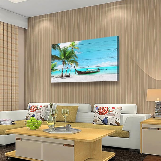 Beach Picture Canvas Prints Coconut Tree Ocean Wall Art Home Decor Natural Seascape Paintings for Living Room Bathroom Bedroom Office Kitchen Decorations Wooden Framed Landscape Artwork 28x57 inchs