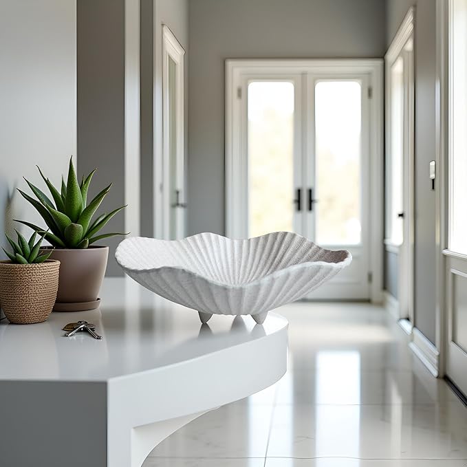 Large Decorative Bowl decor, Scalloped Pedestal Bowls,Modern Home Decor,Ruffle Decor,Stylish Key Bowl for Entry Table,Decorative Fruit Bowl for Kitchen Counter, Light Gray