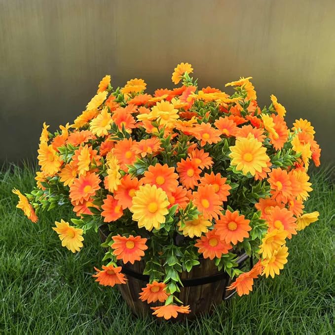 Artificial Fake Flowers Plants for Outdoor Decoration, Faux Flower Yellow Orange Daisy with Eucalyptus Leaves for Planter Front Door Porch Patio Balcony Decoration, 10 Bundles