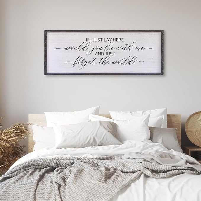 Surfapans If I Lay Here Would You Lie With Me Wall Decor Sign 40”X15” Master Room Bedroom Above Bed Large Farmhouse Inspirational Quotes Minimalist Wood Framed Over Bed Wall Art Decoration (Black)