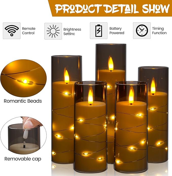 Flameless Candle Light, Battery Candle with recessed String Light, 5 flameless Candles with 11-Key Remote Control, 24-Hour Timer Function, Dancing Flame, (no Battery)