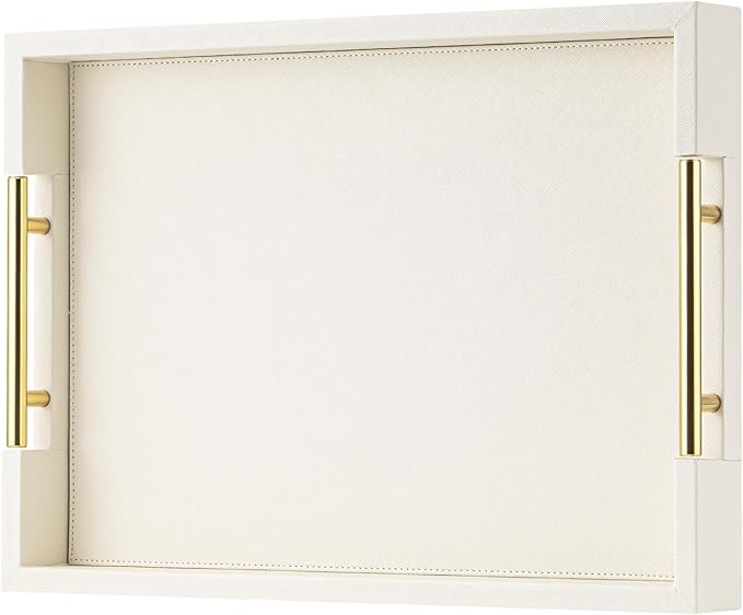 Ivory Faux Leather Serving Tray with Handles – Large Decorative Tray for Coffee Table, Ottoman, Living Room, Bathroom – Home Decor