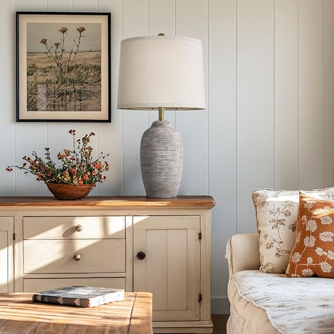 24.5" Handcrafted Ceramic Table Lamp - Single Farmhouse Vintage Rustic Bedside Lighting for Living Room, Bedroom, Entryway | Nightstand & End Table Decor with Linen Shade (Bulb Not Included)