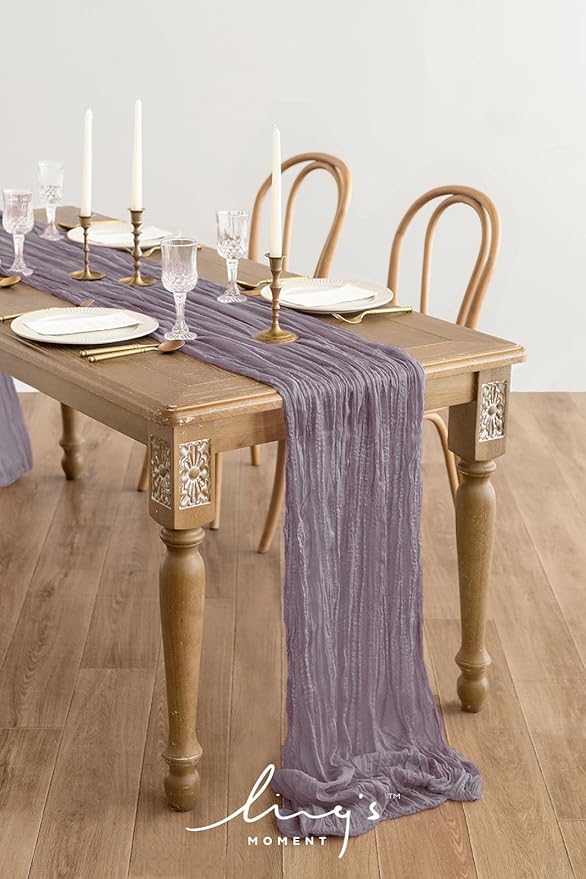 Ling's Moment 14Ft Purple Cheesecloth Table Runner Boho Gauze Semi-Sheer Lilac Tablecloth Lavender Table Runners for Wedding Celebrations for Baby Shower Decorations