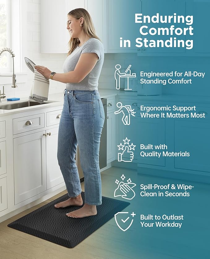 Ophanie Kitchen Mats for Floor, 3/4 Inch Thick Kitchen Rugs, 24 x 70 Anti Fatigue Standing Cushioned Mat, Waterproof,Comfort Ergonomic Mat for Office, Home, Sink, Black Non-Slip Bottom