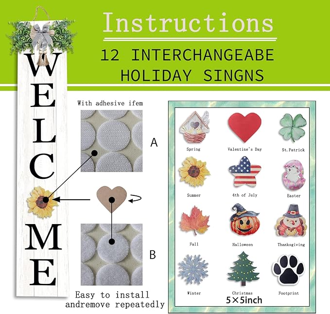 Interchangeable Outdoor Welcome Sign for Front Porch Standing 47"×8" Set of 3 Large Wood Frame with 12 Pcs Icons Vertical Tall Leaner Outside Welcome Sign for Front Door Decor (White)