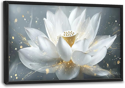 Olivine Zen Wall Art, Lotus Pictures Wall Decor, White and Golden Lotus Painting Flower Canvas Prints, Framed Artwork for Bedroom Bathroom Living Room Dining Room Office Home Decoration 36"x24"