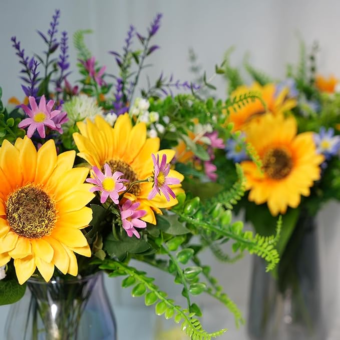 HUAESIN Artificial Sunflower Bouquets Fall Faux Flowers Bouquet Silk Sunflowers in Vase Floral Arrangements for Home Kitchen Table Centerpieces Wedding Party Decor