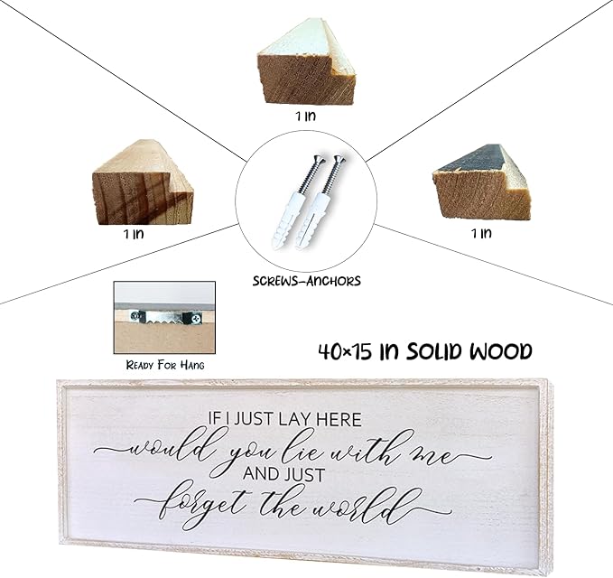 Surfapans If I Lay Here Would You Lie With Me Wall Decor Sign 40”X15” Master Room Bedroom Above Bed Large Farmhouse Inspirational Quotes Minimalist Wood Framed Over Bed Wall Art Decoration (White)