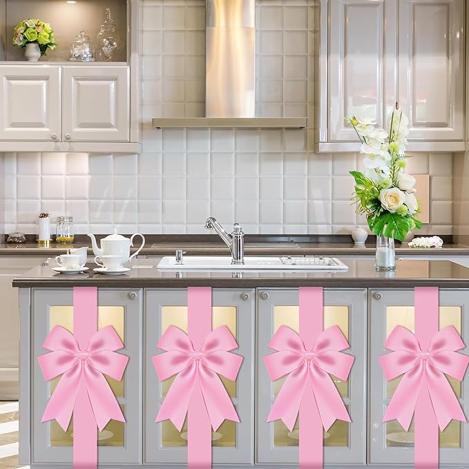 WILLBOND 6 Pieces Pink Christmas Cabinet Ribbons Bows Large Pink Bow Christmas Door Kitchen Cabinet Ribbon Bows Locker for Xmas Holidays Party Decorations Supplies