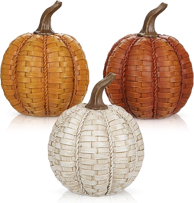 6 Inch Large Artificial Pumpkins, 3 Pcs Fall Pumpkin Decor Beige Orange Clay Brown Faux Resin Pumpkins Woven Pumpkin Centerpiece for Rustic Farmhouse Fall Thanksgiving Autumn Harvest Table Decor