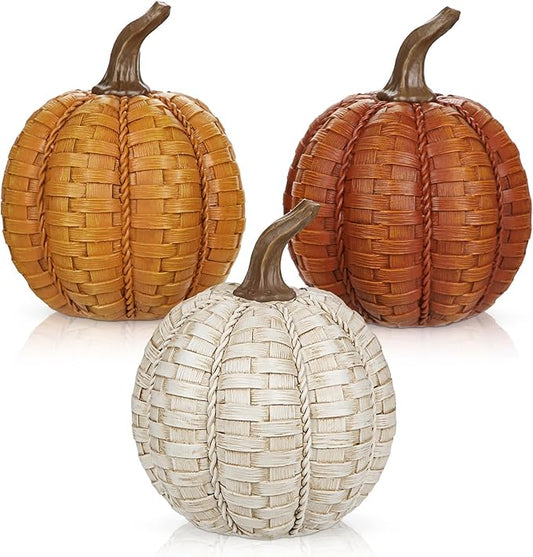 6 Inch Large Artificial Pumpkins, 3 Pcs Fall Pumpkin Decor Beige Orange Clay Brown Faux Resin Pumpkins Woven Pumpkin Centerpiece for Rustic Farmhouse Fall Thanksgiving Autumn Harvest Table Decor