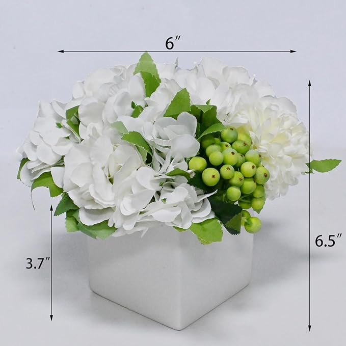 LADADA Flower in Ceramic vase, Artificial Hydrangea Flower Arrangement and vase Home Decoration Artificial Flower (White)