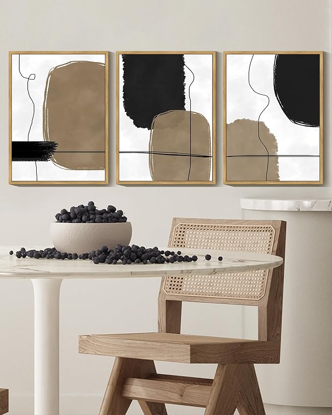 KUVIOKE Abstract Wall Art Framed Neutral Beige Mid Century Textured Artwork Black Minimalist Line Modern Illustrations Bedroom Hallway Ready to Hang 12x16in (Natural Framed)