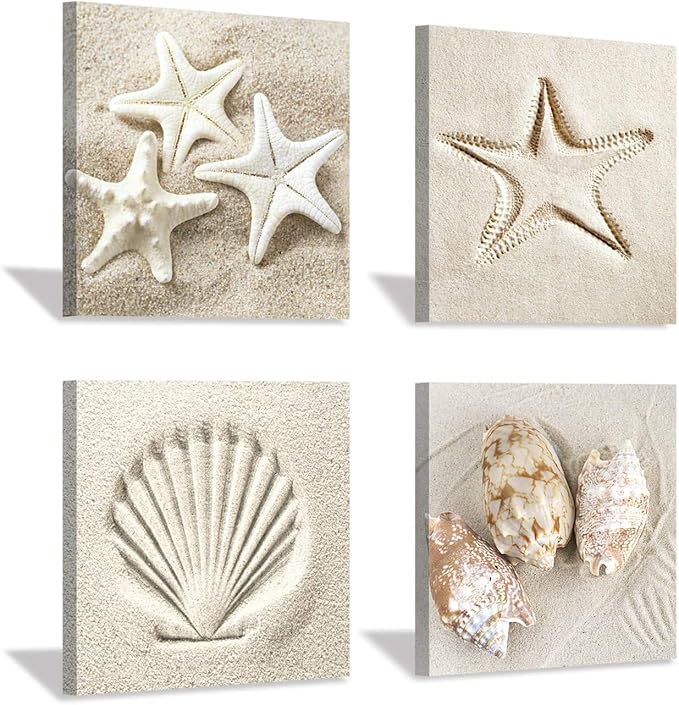 Coastal Serene Canvas Wall Art: Shells on Beach Sand Giclee Print Painting for Wall Decor for SPA Room (12''x12''x4pcs)