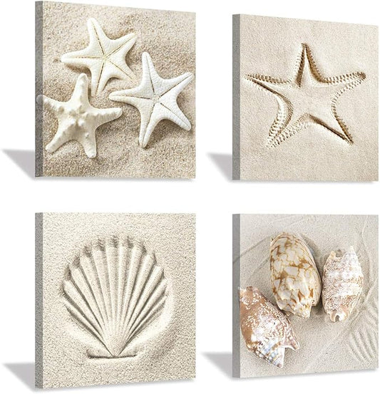 Coastal Serene Canvas Wall Art: Shells on Beach Sand Giclee Print Painting for Wall Decor for SPA Room (12''x12''x4pcs)