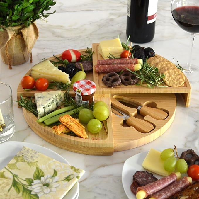 Picnic at Ascot Bamboo Board for Appetizers with Cheese Tools - Stores as a Space Saving Wedge - Opens to 13" Diameter – Designed by Picnic at Ascot - USA Patented & Quality Assured