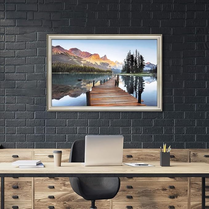 Framed Lake Landscape Wall Art: Mountain Sunset Skyline Painting Boardwalk Water Canvas Artwork for Living Room