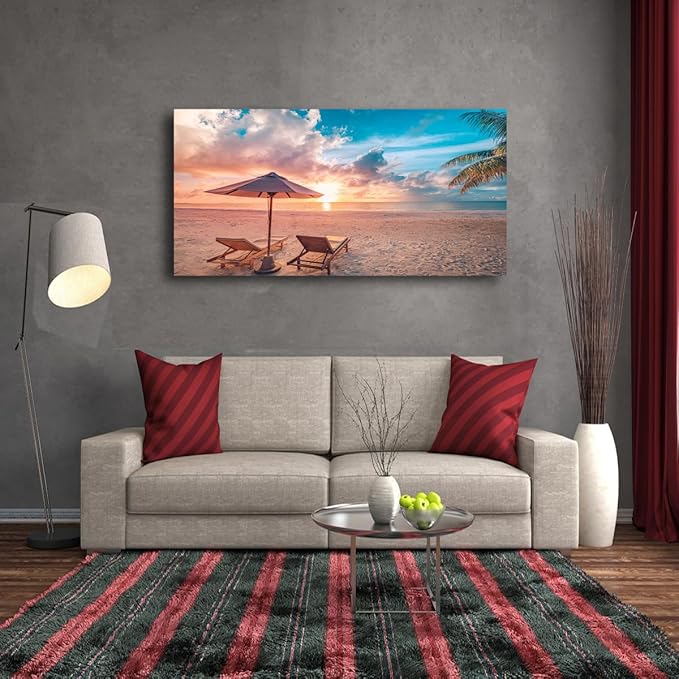 Beach Pictures Canvas Wall Art for Living room Bedroom Wall Decor,Sunset and Beautiful Clouds Wall Art Print Paitnings for home Decor,Morden Artwork Sunumbrellas and loungers Canvas Art