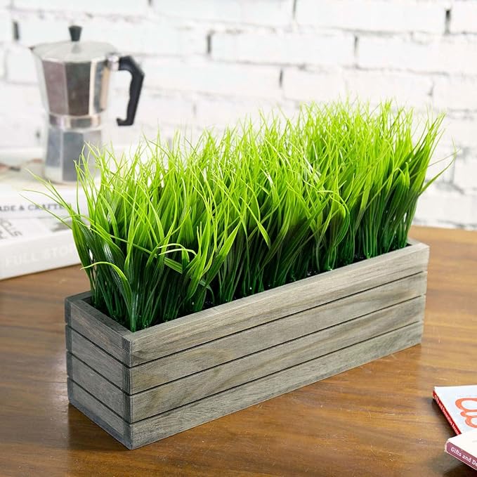 MyGift 14 Inch Artificial Green Grass Plant in Vintage Gray Wood Planter Window Box, Faux Greenery in Decorative Rectangular Crate Style Wooden Container