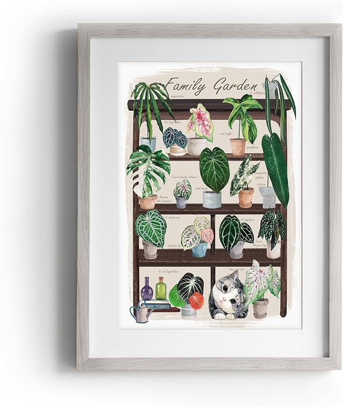 TimAsh Unframed Funny Cat Botanical Wall Art Family Garden Modern Green Plant Decor Tropical Boho Style Cute Kitten Canvas Prints for Bedroom Bathroom Living Room 16'' x 12''