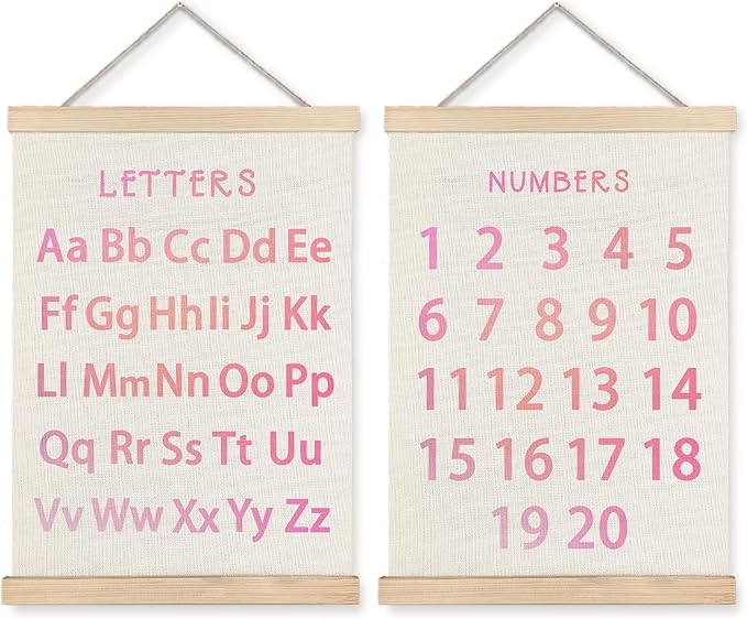 Supwhd Classroom Wall Decor, Numbers and Alphabet Educational Wall Art Poster, Alphabet ABC Numbers from 1 to 20 Poster Wall Decor for Toddler Kids Room Playroom Classroom, 12x16 Set of 2（Pink）