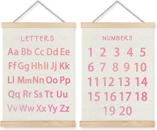 Supwhd Classroom Wall Decor, Numbers and Alphabet Educational Wall Art Poster, Alphabet ABC Numbers from 1 to 20 Poster Wall Decor for Toddler Kids Room Playroom Classroom, 12x16 Set of 2（Pink）