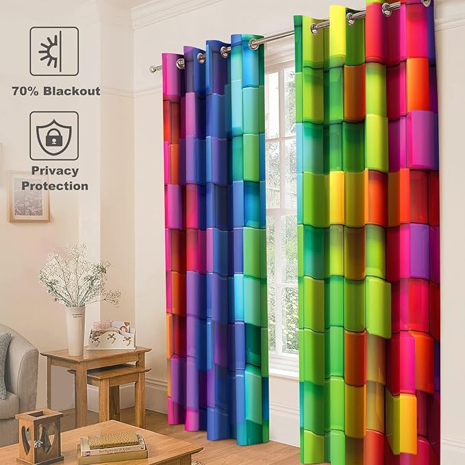 Jekeno Colorful Rainbow Blackout Curtains Colored 3D Looking Brick Block Contour Display Geometric Artisan Decor Home Bedroom Living Room Grommet Window Drapes 2 Panel Set, 52"x63"