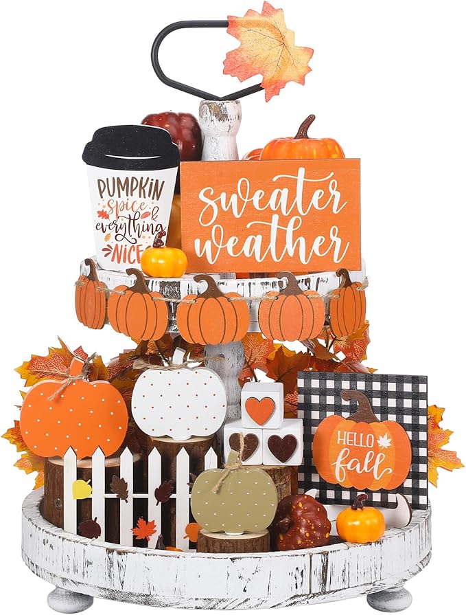Sumind 15 Pcs Fall Tiered Tray Decor Set Fall Decorations for Home Autumn Wood Signs Thanksgiving Orange Brown Table Signs Farmhouse Wooden Maple Pumpkin Gnomes Tabletop for Festival(Pumpkin)