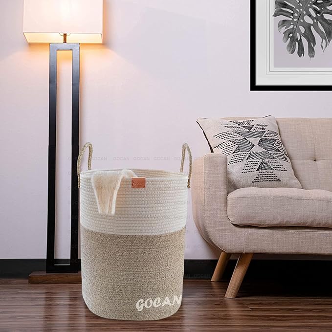 large tall sturdier Laundry Hamper Basket Woven Storage Baskets for clothes Pillows Blanket Toy in living or bed room decoration H50XD38cm borwn/beige