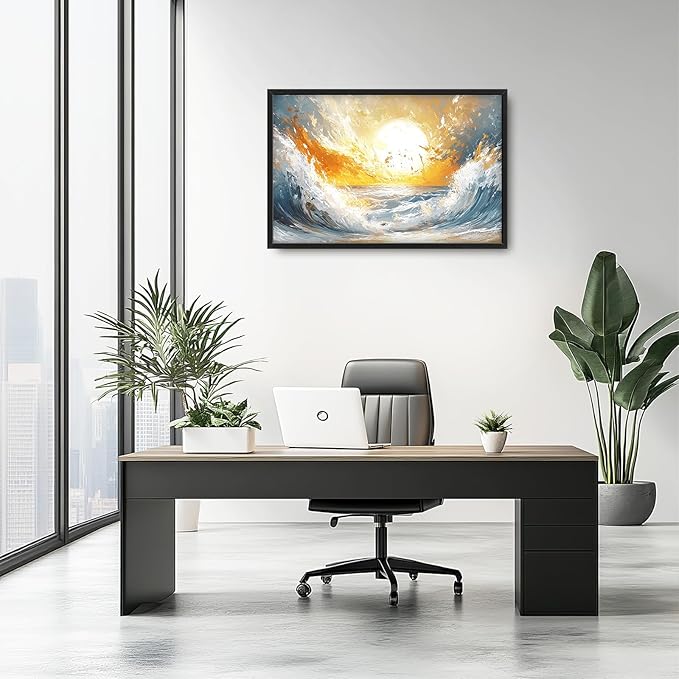 Trulave Ocean Sea Framed Wall Art for Living Room, Large Waves Canvas Wall Decor, Vintage Beach Sunset Pictures, Modern Artwork for Bathroom Bedroom 36L'' × 24W''