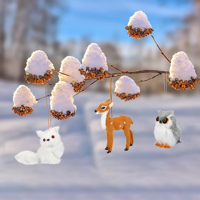 Skylety 10 Pieces Forest Animals Ornaments Woodland Animal Faux Fur Plush Hanging Ornaments Family Educational Playset for Fall, Christmas, Winter Birthday Party Supplies(Animals)