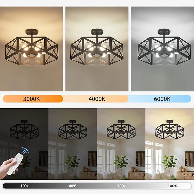 Modern Semi Flush Mount Ceiling Light with Remote Control,19.7" 6-Light Hexagon Flush Mount Ceiling Lights for Dining Room Light Fixture,Farmhouse Kitchen Island Lighting Fixtures for Hallway